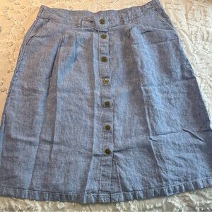 Lands' End 100% Linen Light Blue/Denim Wash Button-Front A-Line Midi Skirt